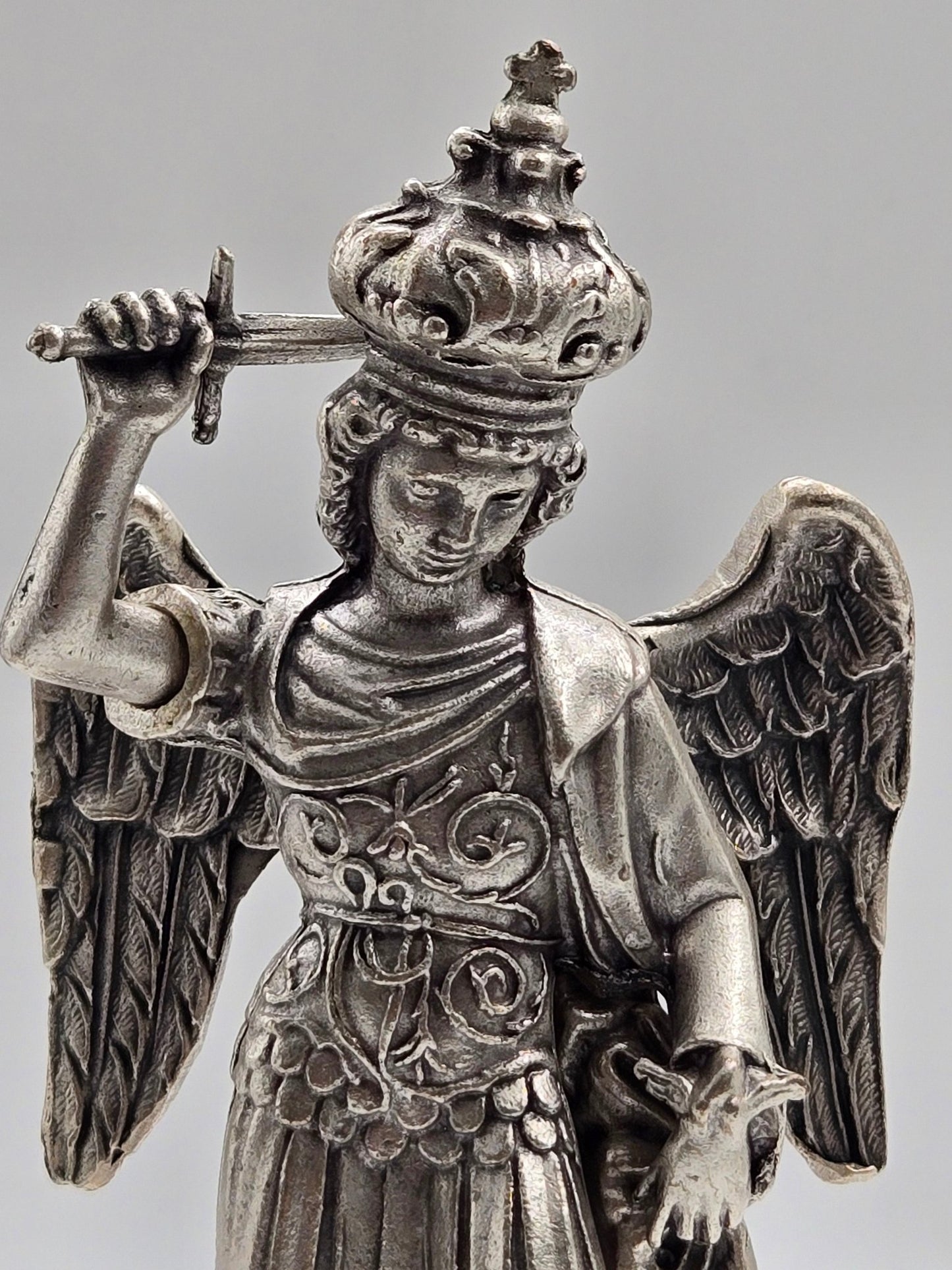 St. Michael the Archangel Statue - Silver - Plated with Olive Wood Base - Christian Crafts