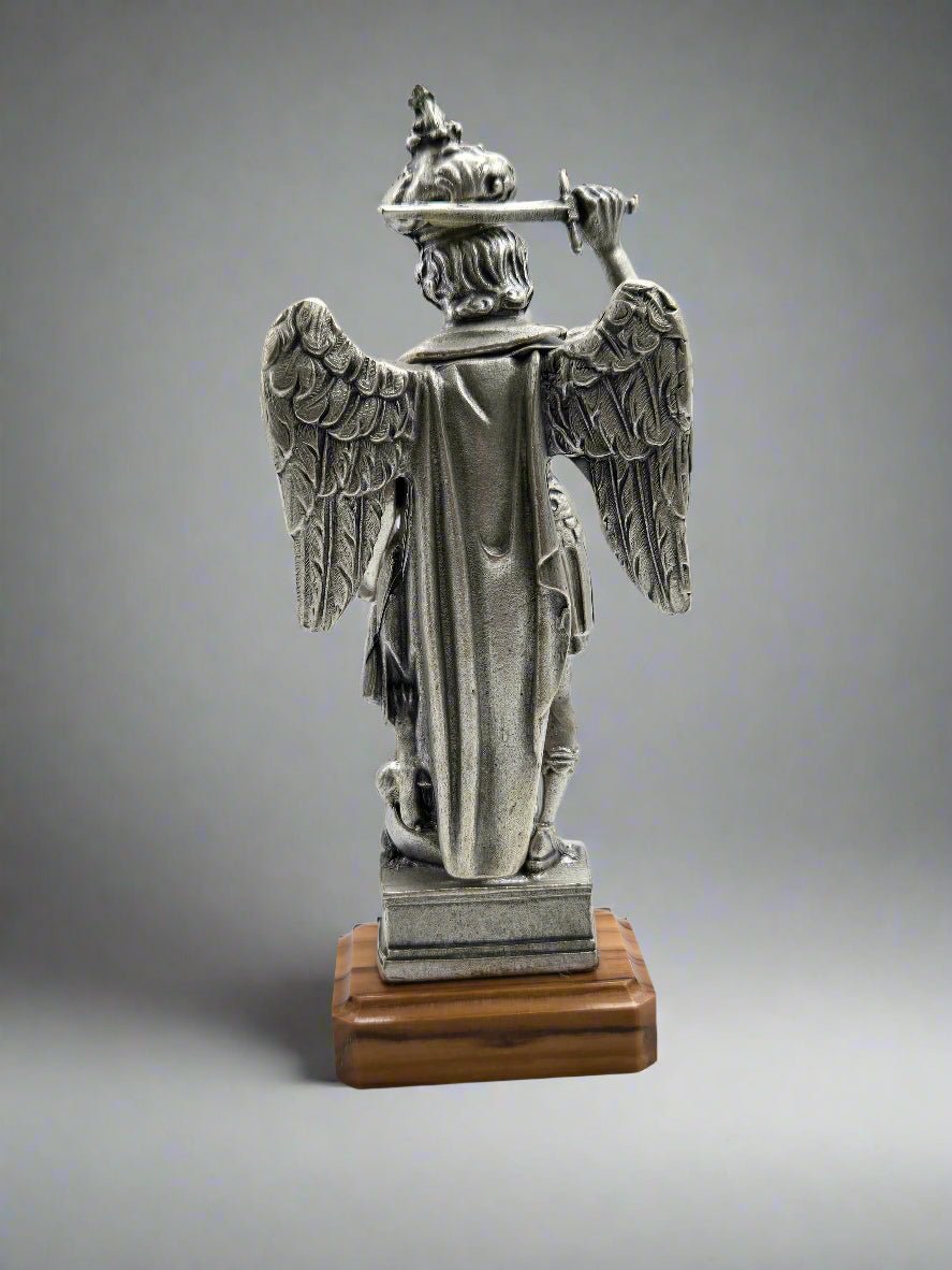 St. Michael the Archangel Statue - Silver - Plated with Olive Wood Base - Christian Crafts