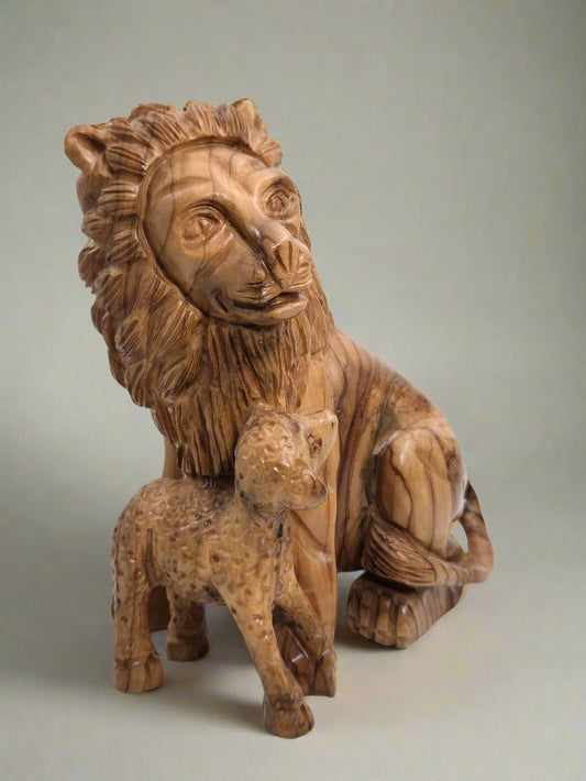 The Lion and The Sheep - Hand - Carved Olive Wood Sculpture from the Holy Land - Christian Crafts