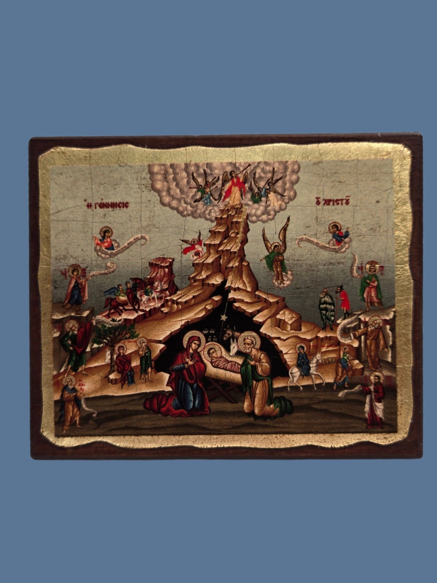 The Nativity Icon - Birth of Jesus on Natural Wood - Christian Crafts