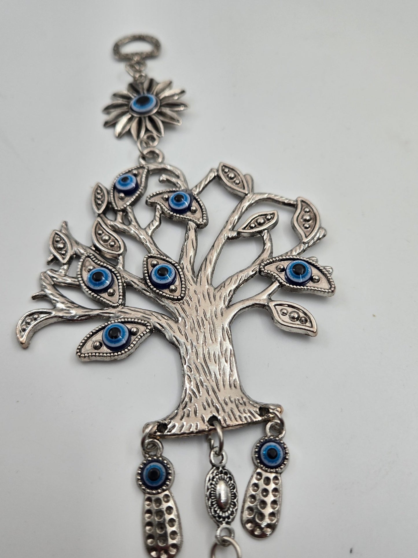 Tree of Life Evil Eye Wall Hanging – Pewter & Blue Glass Protection Amulet - Christian Crafts