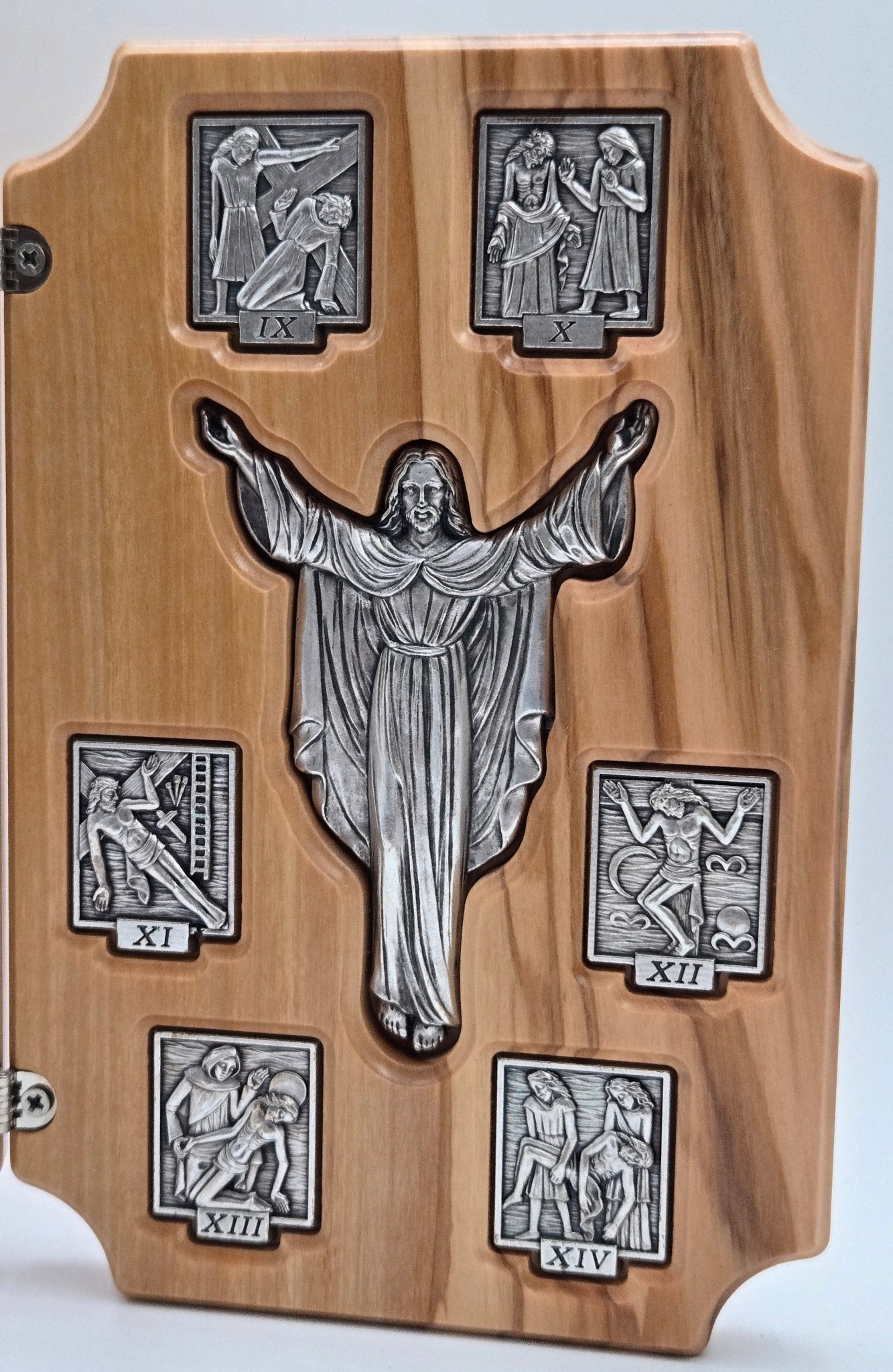 Via Dolorosa 14 Stations of the Cross Olive Wood & Pewter Sculpture (2 Connected - Frames) - Christian Crafts