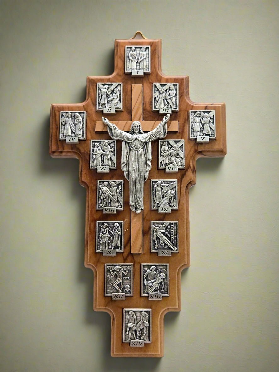 Via Dolorosa Olive Wood & Pewter Cross - Handcrafted in the Holy Land - Christian Crafts