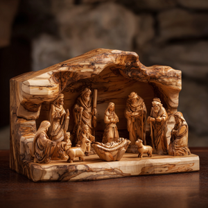 Wooden nativity scene with figures and stable on a dark background. Christian Crafts Shop