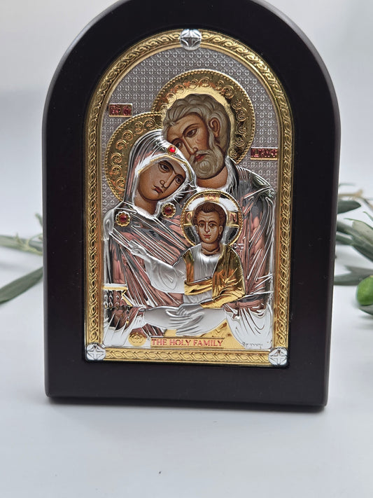 Plated Icon Bundle (Set of 2) — Virgin & Child + Holy Family — Arched Wood Plaques