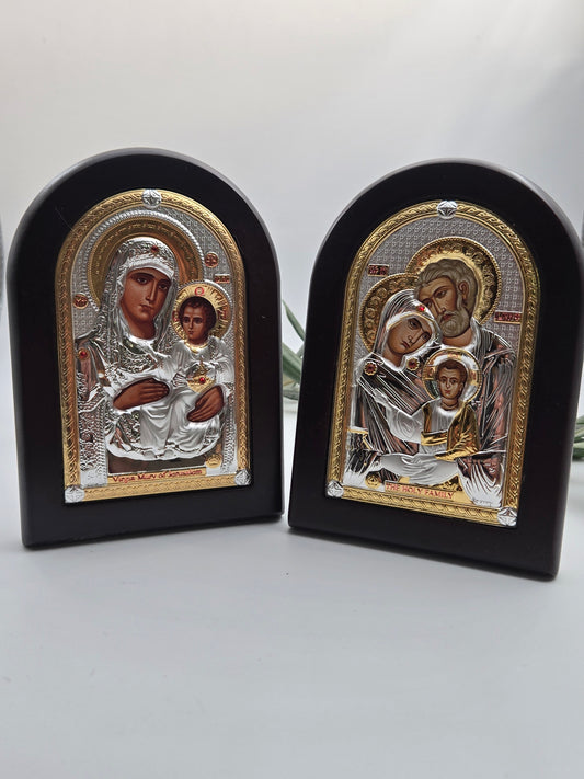 Plated Icon Bundle (Set of 2) — Virgin & Child + Holy Family — Arched Wood Plaques