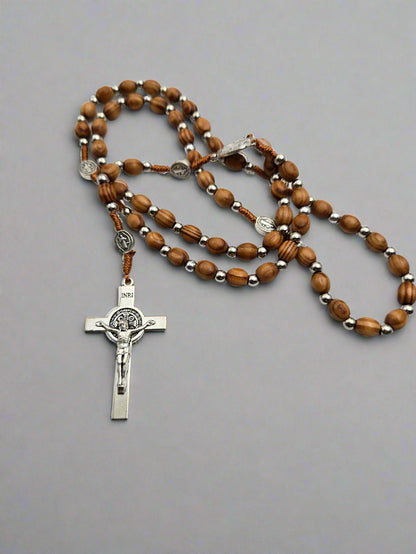 Natural Wood & Silver-Plated St. Benedict Rosary — Natural Beads with Medal Separators