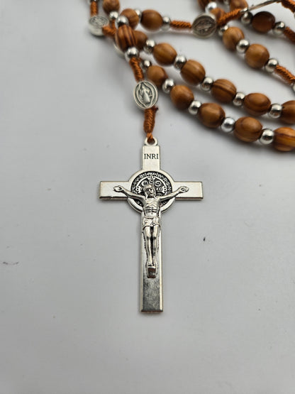 Natural Wood & Silver-Plated St. Benedict Rosary — Natural Beads with Medal Separators