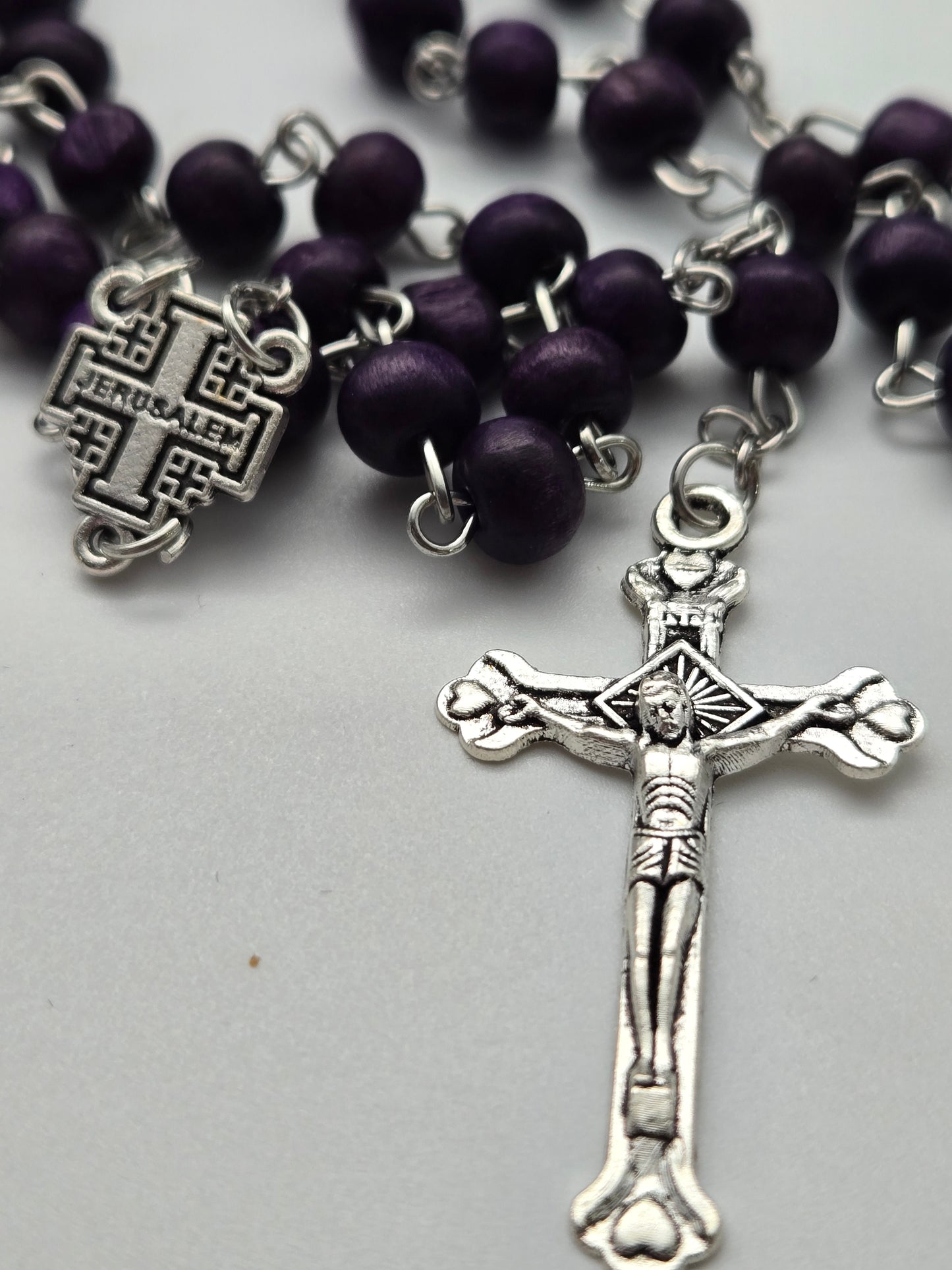 Black Wood Rosary (7mm) with Silver Crucifix and Jerusalem Cross