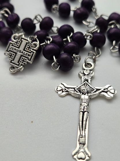 Black Wood Rosary (7mm) with Silver Crucifix and Jerusalem Cross