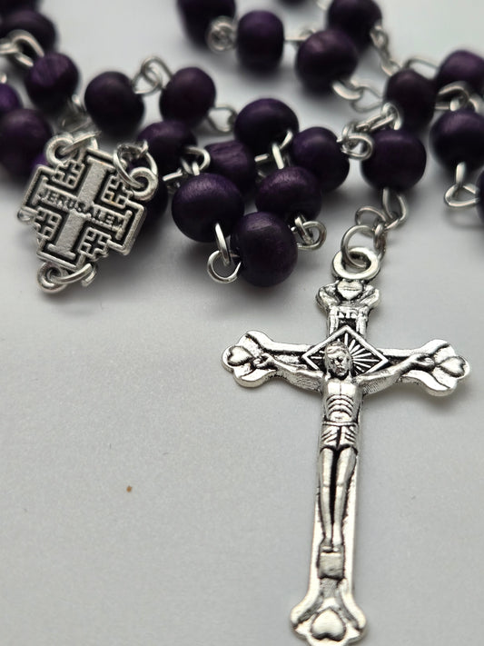 Black Wood Rosary (7mm) with Silver Crucifix and Jerusalem Cross