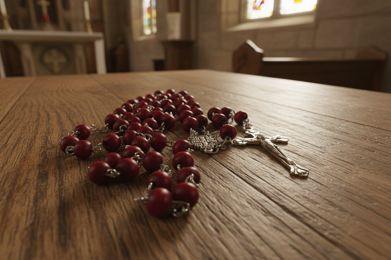 Red Wood Rosary (7mm) with Silver Crucifix and Jerusalem Cross