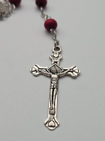 Red Wood Rosary (7mm) with Silver Crucifix and Jerusalem Cross
