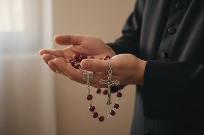 Red Wood Rosary (7mm) with Silver Crucifix and Jerusalem Cross