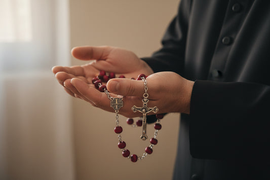 Red Wood Rosary (7mm) with Silver Crucifix and Jerusalem Cross