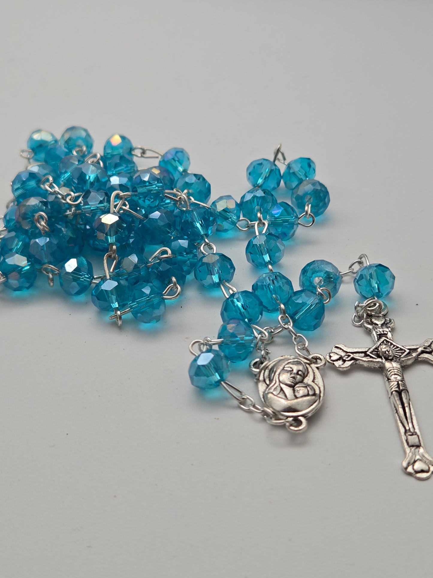 Crystal Rosary with Mary & Baby Jesus Icon and Jerusalem Soil – Multiple Colors