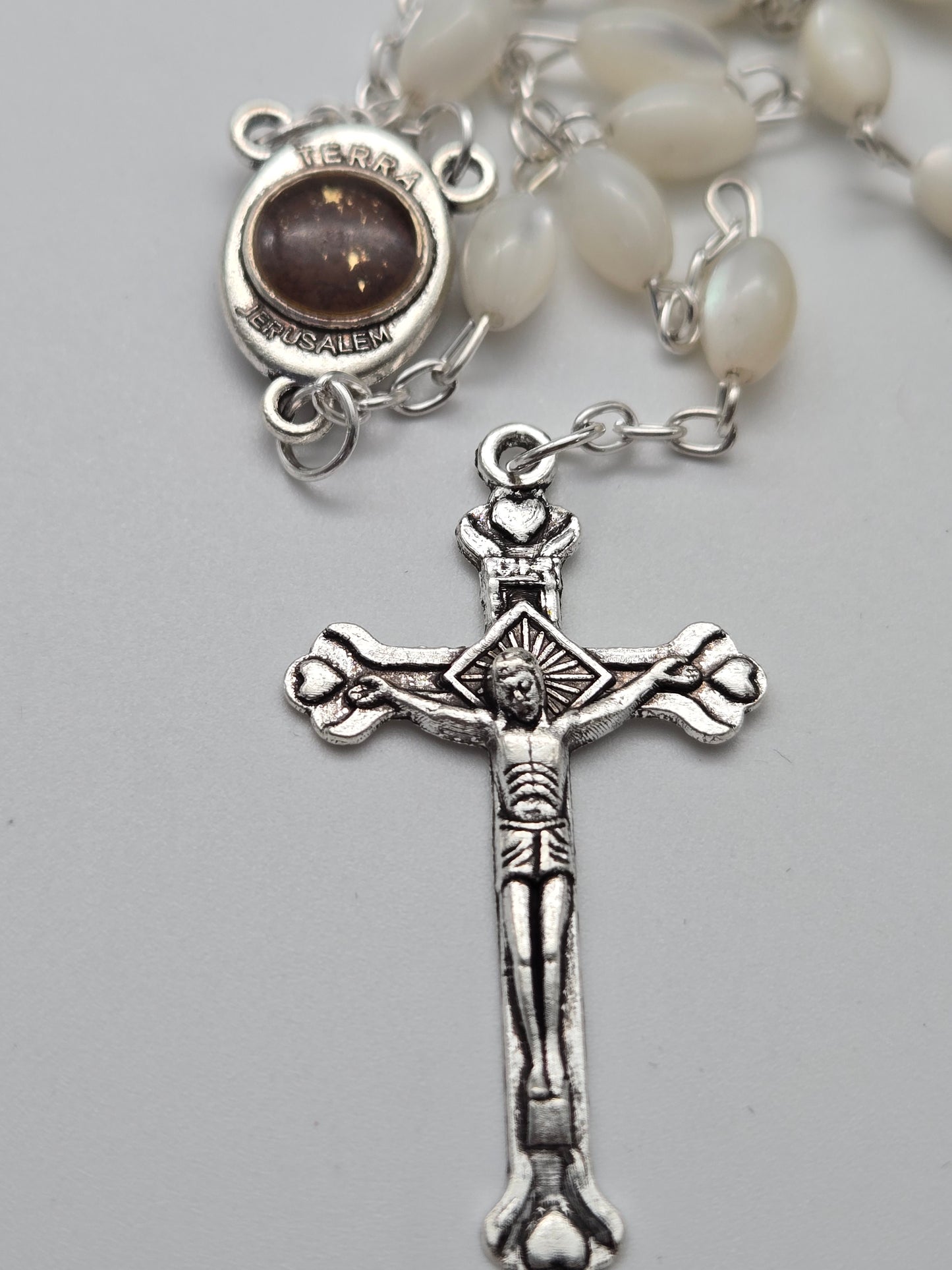 Mother of Pearl Rosary with Jerusalem Soil Centerpiece and Silver Crucifix