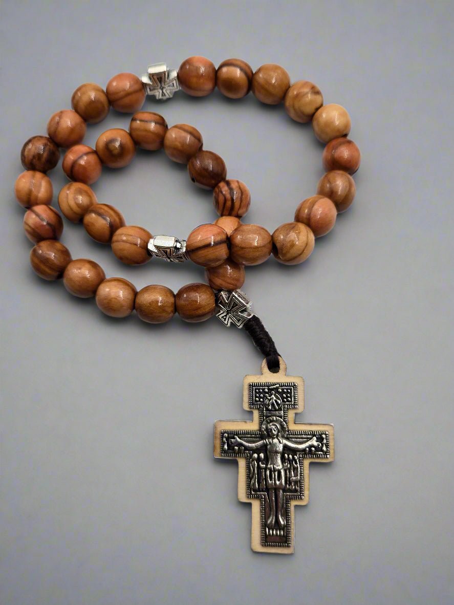 33 - Bead Olive Wood Rosary Bracelet with Silver - Plated Jerusalem Crosses - Christian Crafts