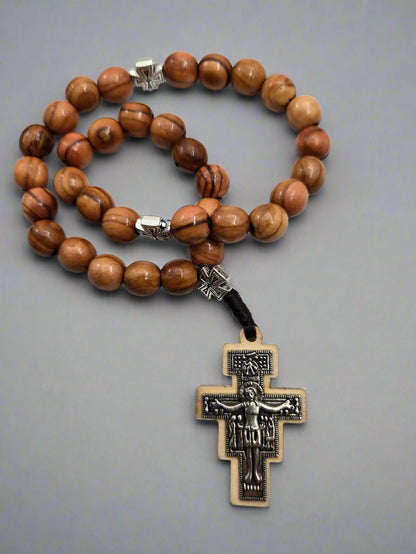 33 - Bead Olive Wood Rosary Bracelet with Silver - Plated Jerusalem Crosses - Christian Crafts