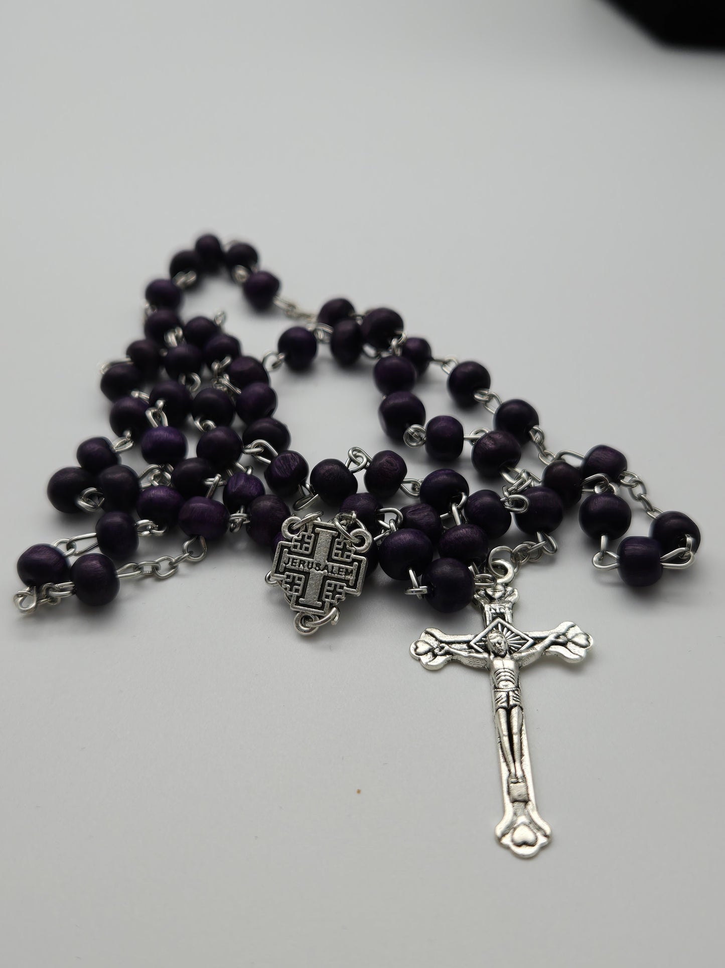 Black Wood Rosary (7mm) with Silver Crucifix and Jerusalem Cross