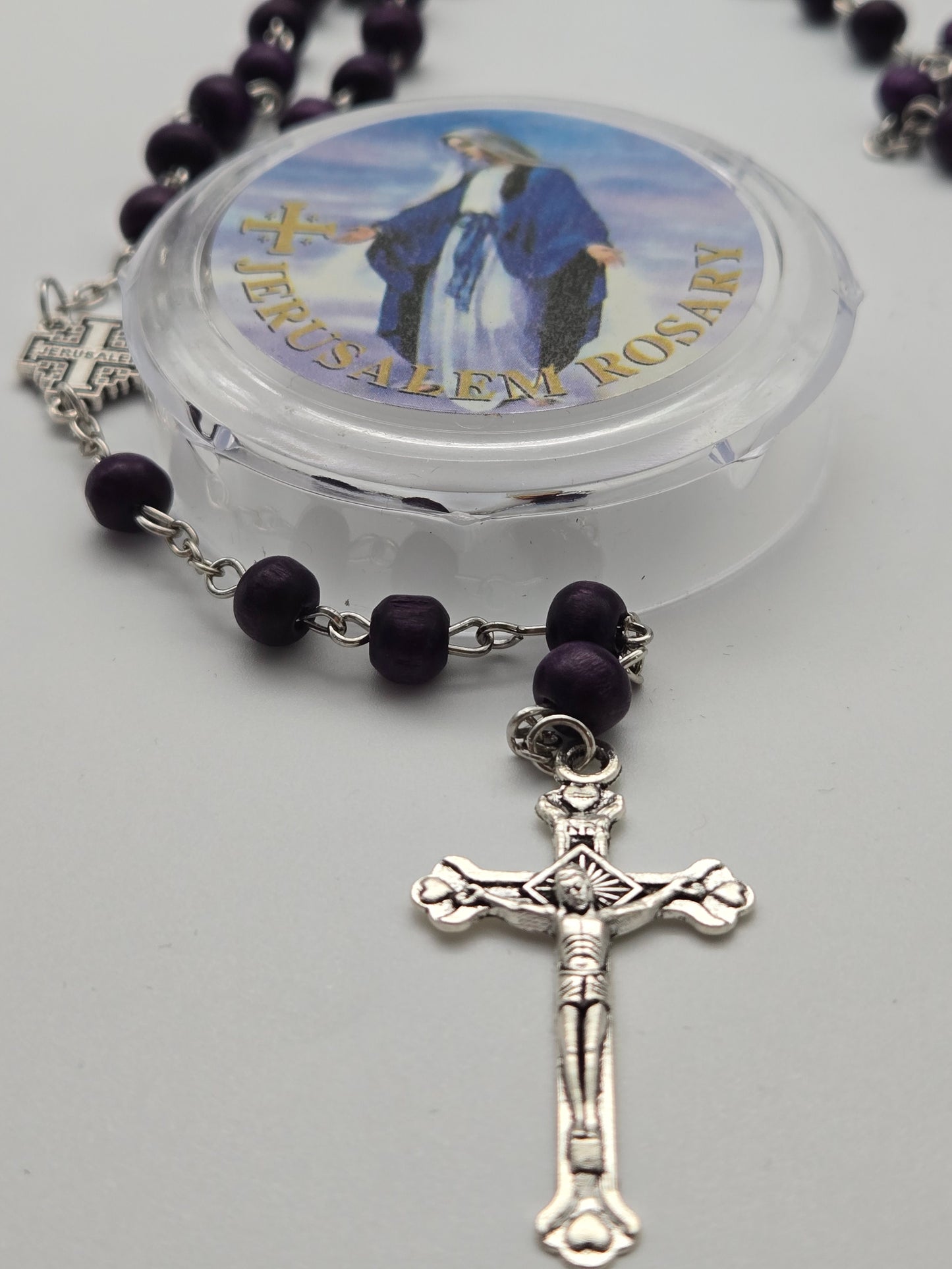 Black Wood Rosary (7mm) with Silver Crucifix and Jerusalem Cross