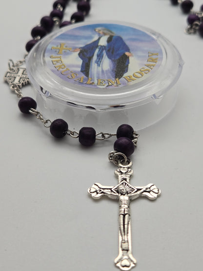 Black Wood Rosary (7mm) with Silver Crucifix and Jerusalem Cross