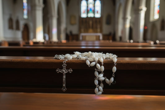 Mother of Pearl Rosary with Jerusalem Soil Centerpiece and Silver Crucifix