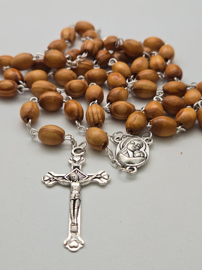 Natural Wood Rosary (7mm) with Silver Crucifix, Mary & Baby Jesus Icon, and Jerusalem Soil