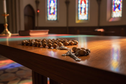 Natural Wood Rosary (7mm) with Silver Crucifix, Mary & Baby Jesus Icon, and Jerusalem Soil