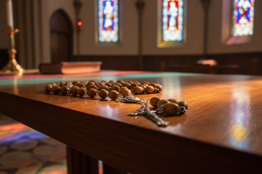 Natural Wood Rosary (7mm) with Silver Crucifix, Mary & Baby Jesus Icon, and Jerusalem Soil