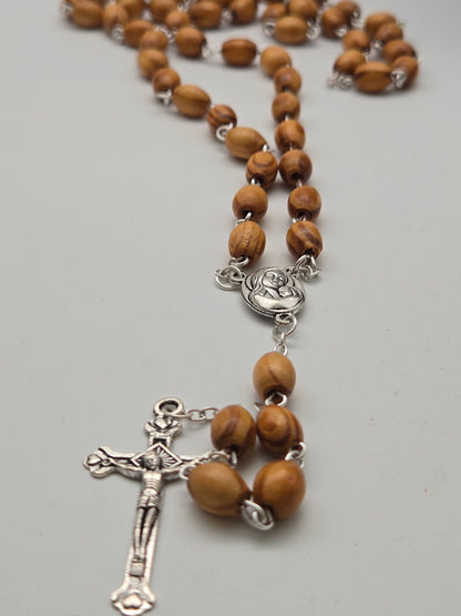 Natural Wood Rosary (7mm) with Silver Crucifix, Mary & Baby Jesus Icon, and Jerusalem Soil