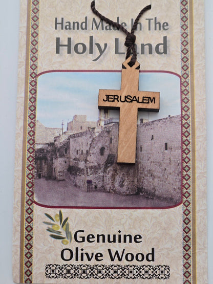 Authentic Olive Wood Cross Pendant - Jerusalem Carved Necklace - Christian Crafts