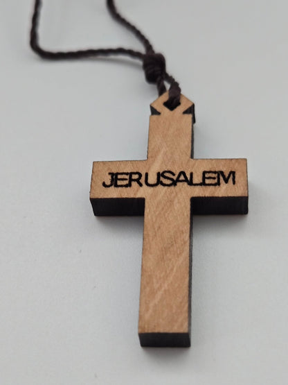 Authentic Olive Wood Cross Pendant - Jerusalem Carved Necklace - Christian Crafts