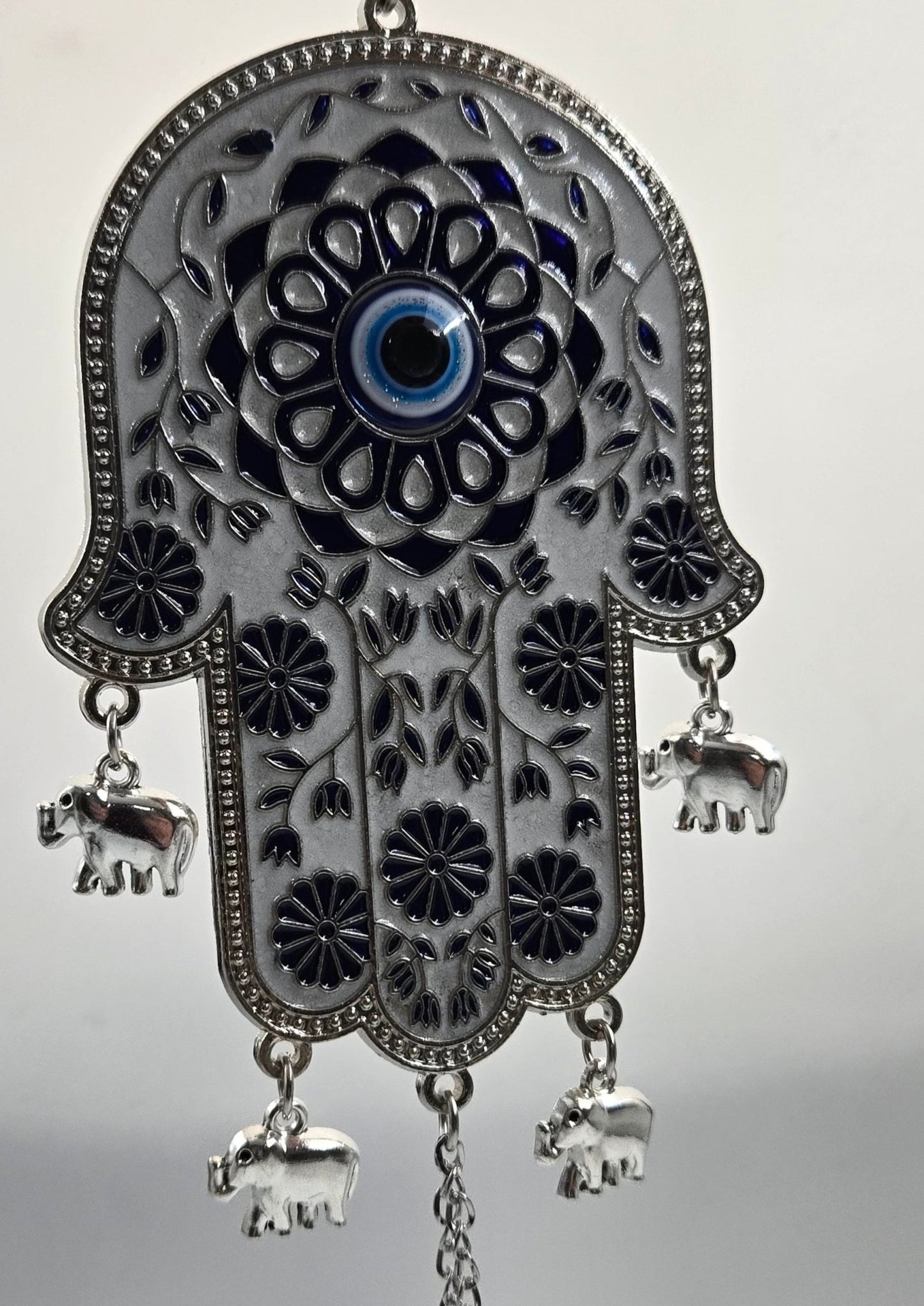 Blue Floral Hamsa with Evil Eye & Elephant Charms – Pewter Wall/Car Hanging (Hand of Mary) - Christian Crafts