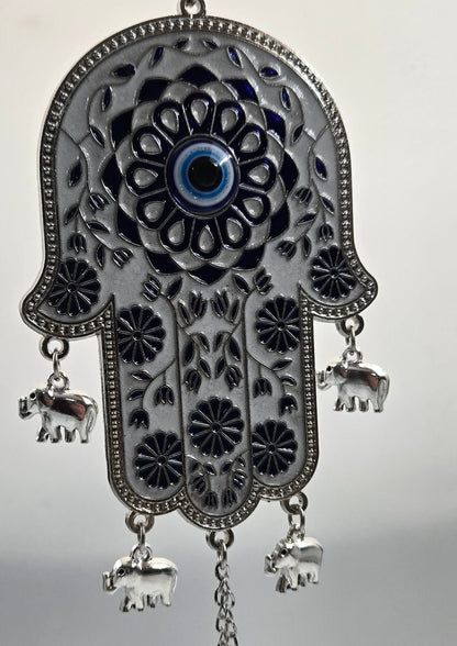 Blue Floral Hamsa with Evil Eye & Elephant Charms – Pewter Wall/Car Hanging (Hand of Mary) - Christian Crafts