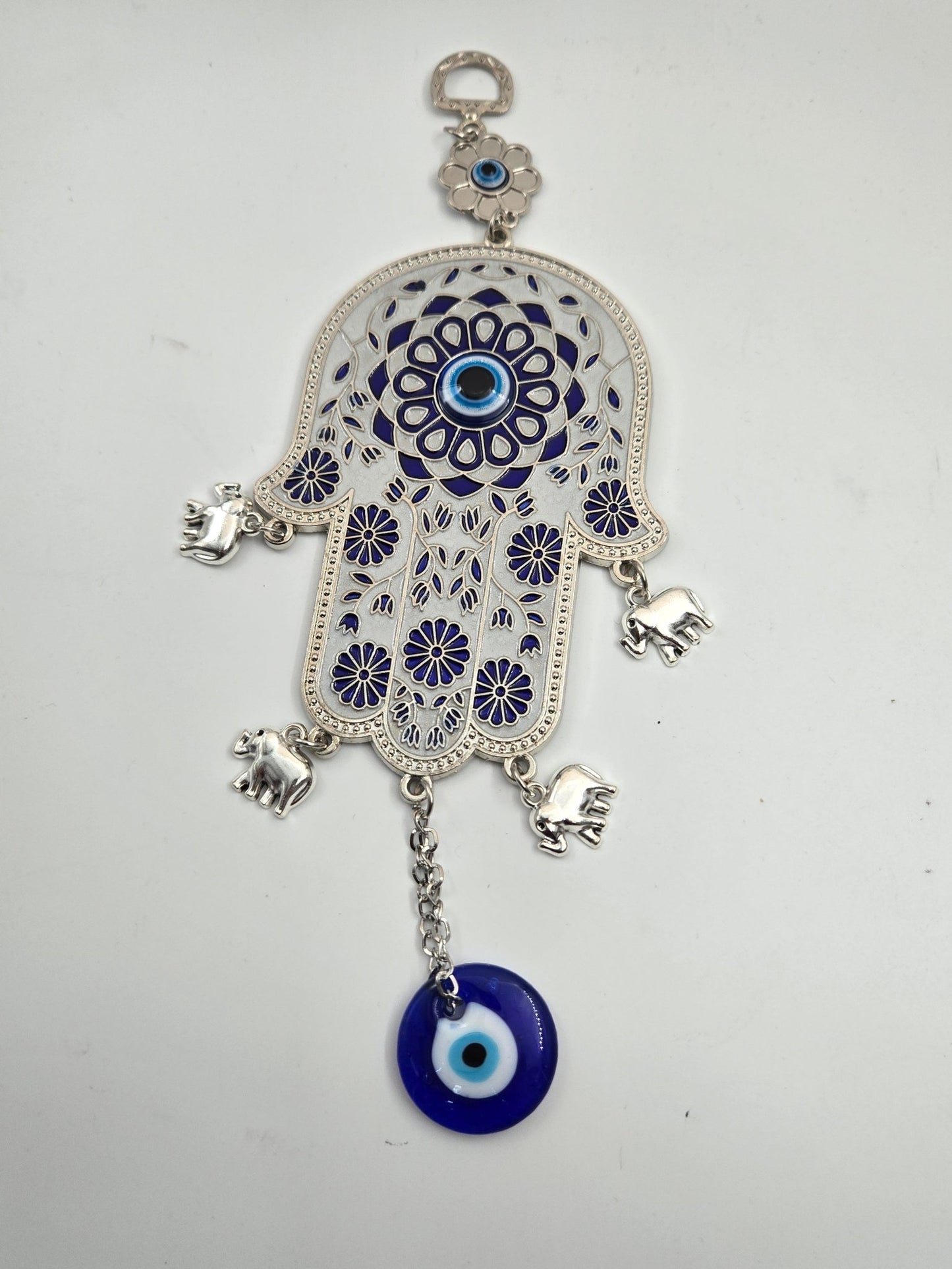 Blue Floral Hamsa with Evil Eye & Elephant Charms – Pewter Wall/Car Hanging (Hand of Mary) - Christian Crafts