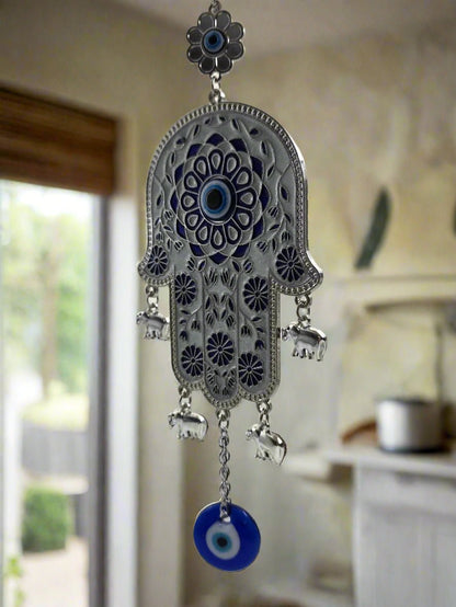 Blue Floral Hamsa with Evil Eye & Elephant Charms – Pewter Wall/Car Hanging (Hand of Mary) - Christian Crafts