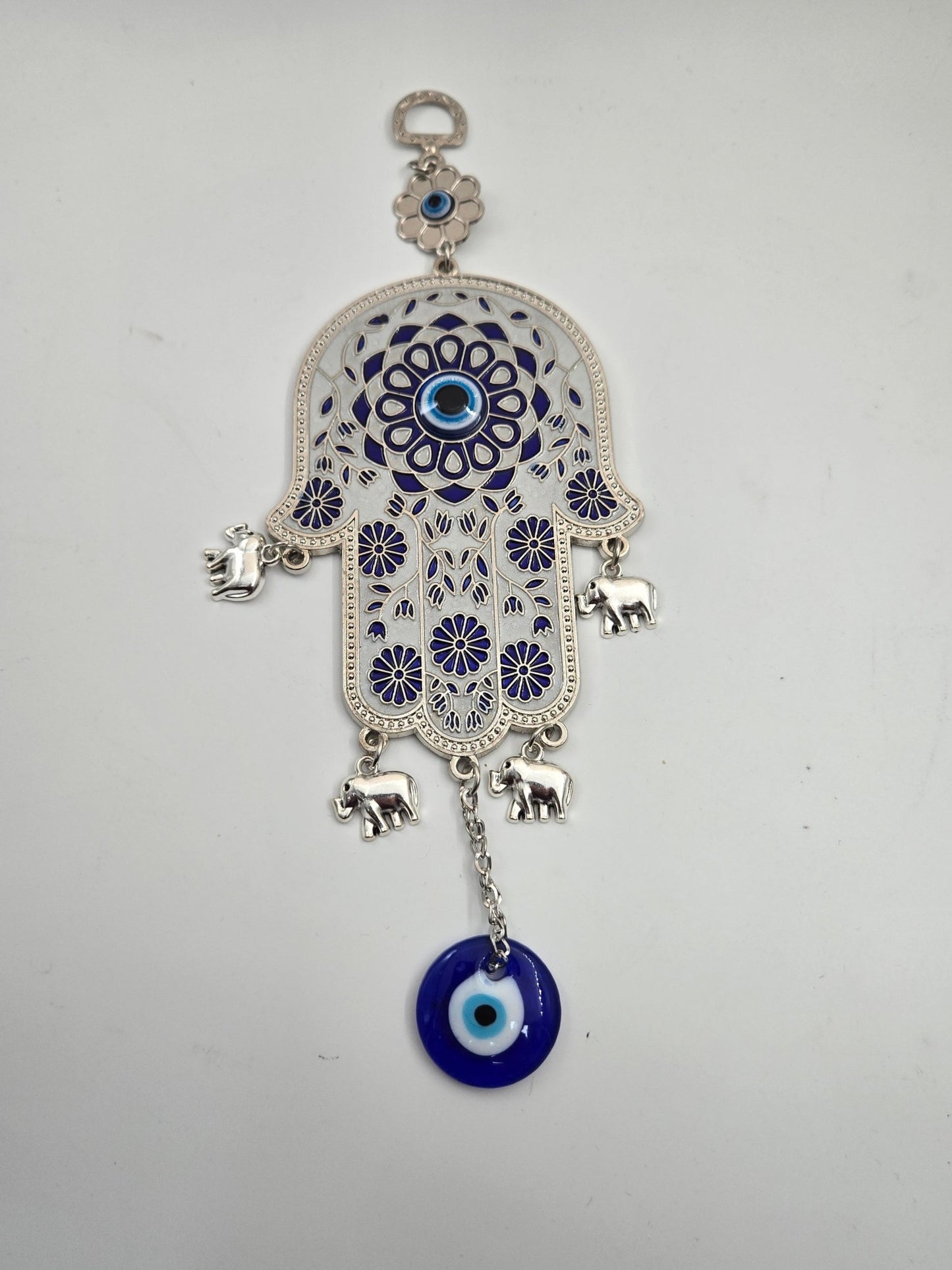 Blue Floral Hamsa with Evil Eye & Elephant Charms – Pewter Wall/Car Hanging (Hand of Mary) - Christian Crafts