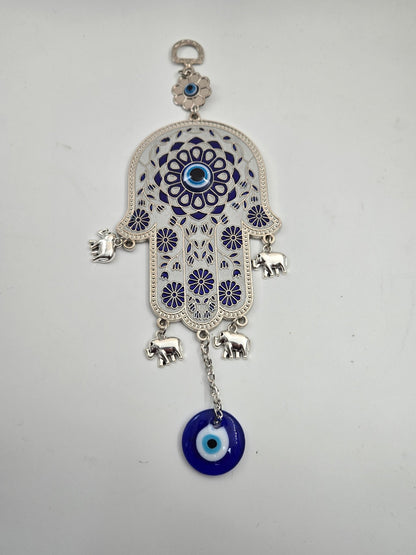 Blue Floral Hamsa with Evil Eye & Elephant Charms – Pewter Wall/Car Hanging (Hand of Mary) - Christian Crafts