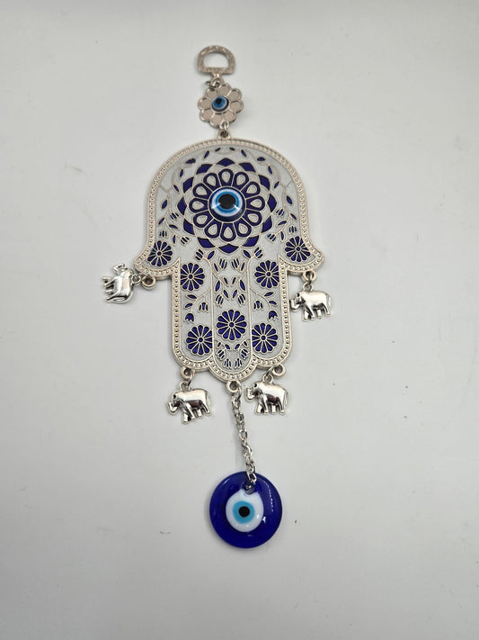 Blue Floral Hamsa with Evil Eye & Elephant Charms – Pewter Wall/Car Hanging (Hand of Mary) - Christian Crafts
