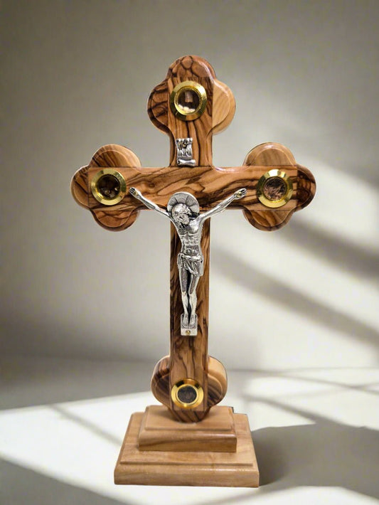 Byzantine Olive Wood Cross with Holy Land Relics - Christian Crafts