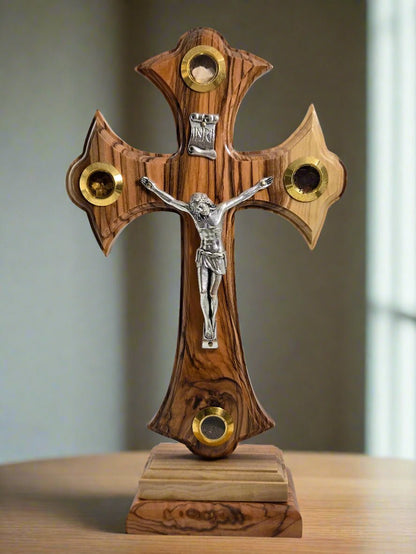 Byzantine Olive Wood Crucifix with Holy Land Relics - Christian Crafts