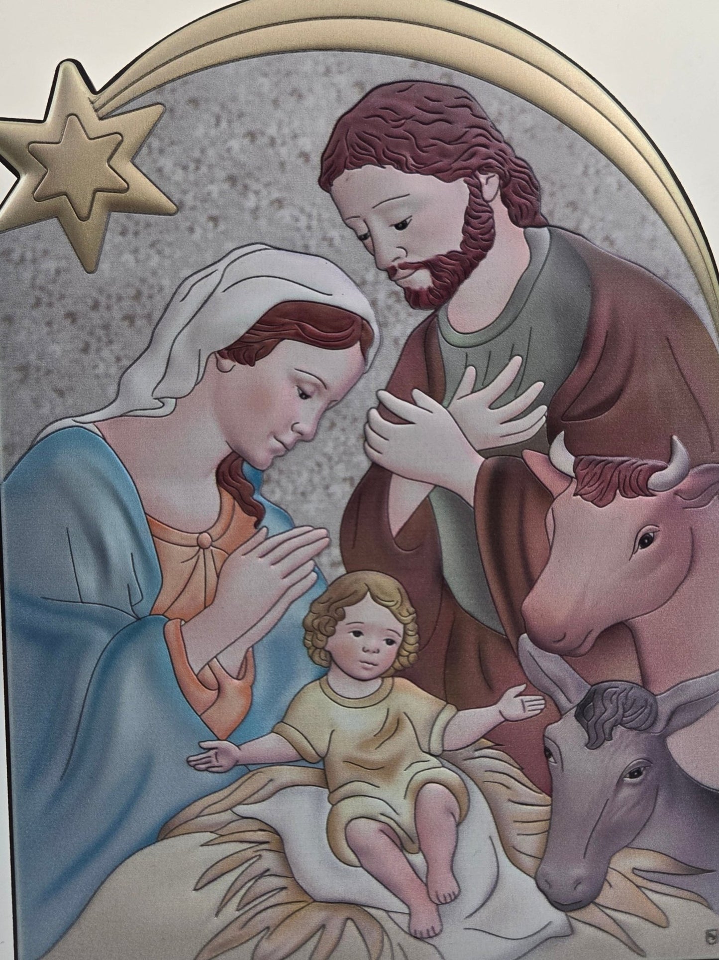 Colorful Nativity Icon on Olive Wood with Silver Accents - Christian Crafts