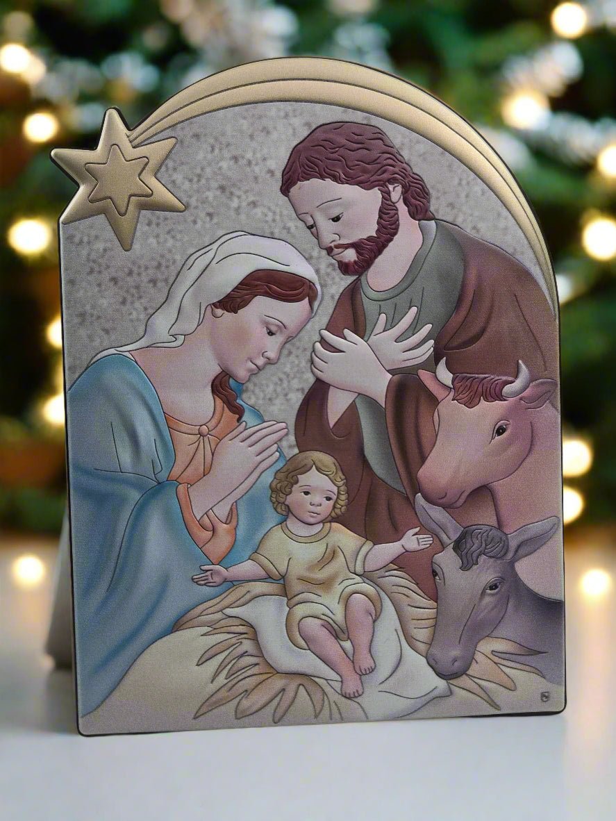 Colorful Nativity Icon on Olive Wood with Silver Accents - Christian Crafts