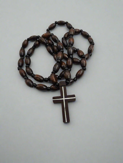 Dark Olive Wood & Agate Bead Rosary Necklace — Inlaid Cross Pendant - Christian Crafts