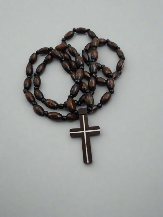 Dark Olive Wood & Agate Bead Rosary Necklace — Inlaid Cross Pendant - Christian Crafts