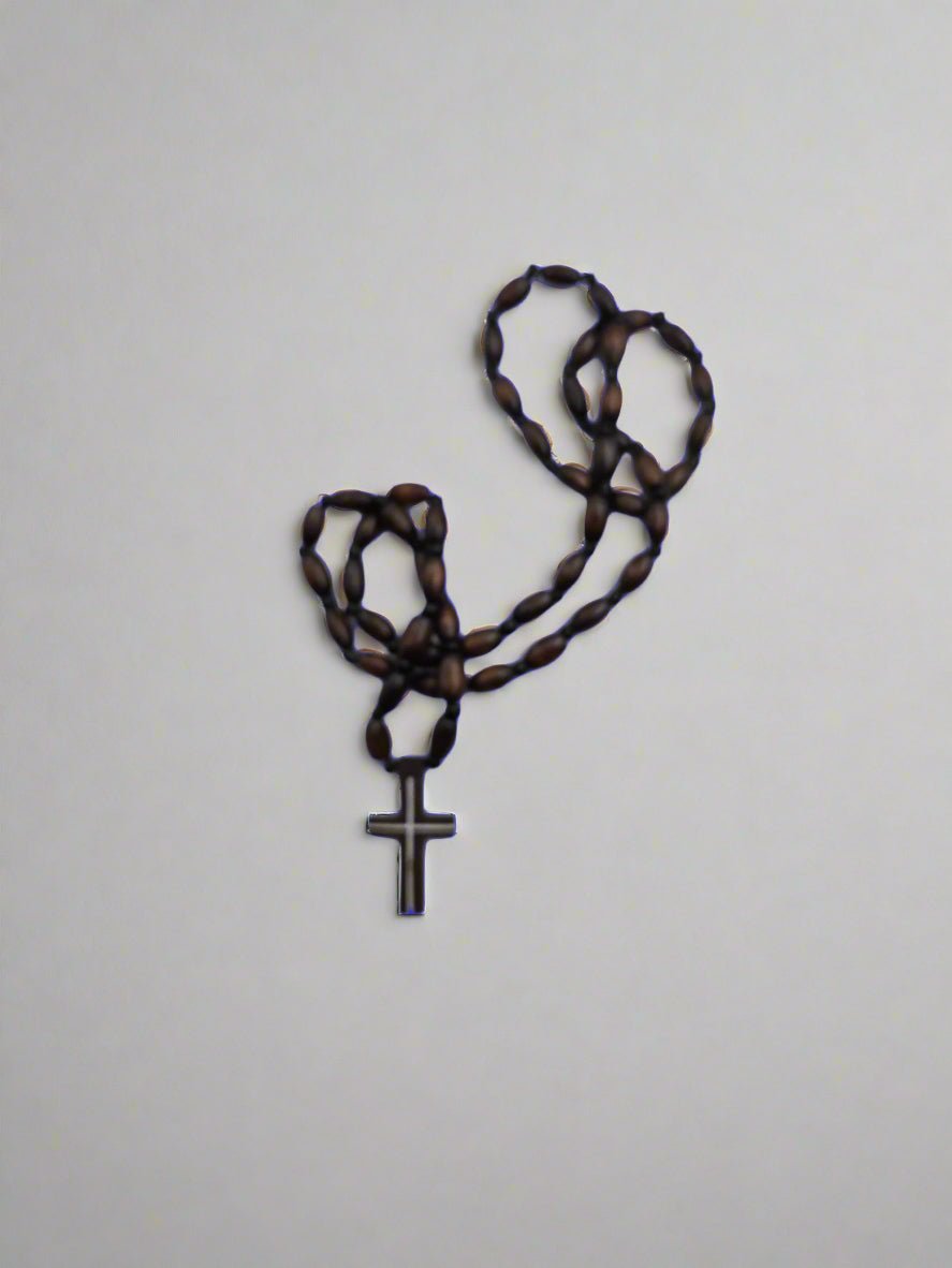 Dark Olive Wood & Agate Bead Rosary Necklace — Inlaid Cross Pendant - Christian Crafts