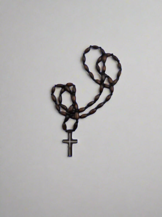 Dark Olive Wood & Agate Bead Rosary Necklace — Inlaid Cross Pendant - Christian Crafts