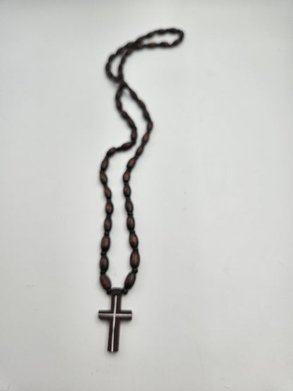 Dark Olive Wood & Agate Bead Rosary Necklace — Inlaid Cross Pendant - Christian Crafts