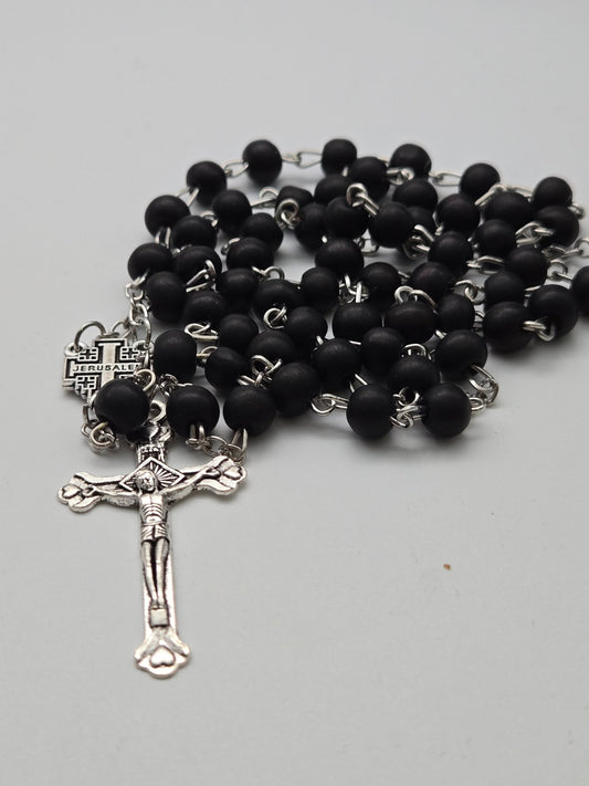 Devotional Black Wood Rosary with Jerusalem Cross - Spiritual Adornment - Christian Crafts